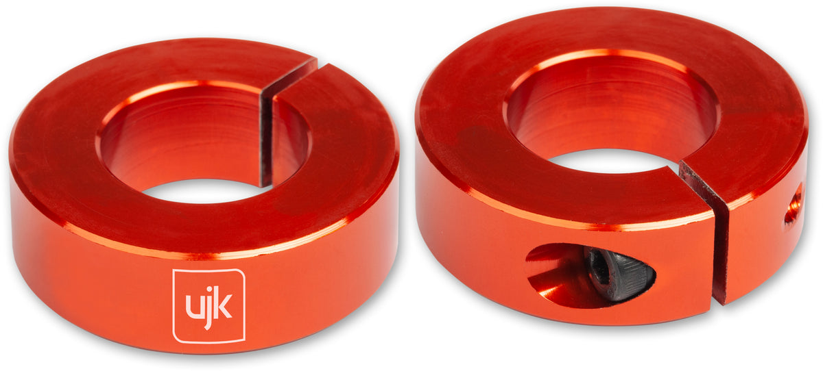 UJK Bench Dog Stop Collars for 20mm Bench Dogs - Pack of 2, side view on woodworking bench