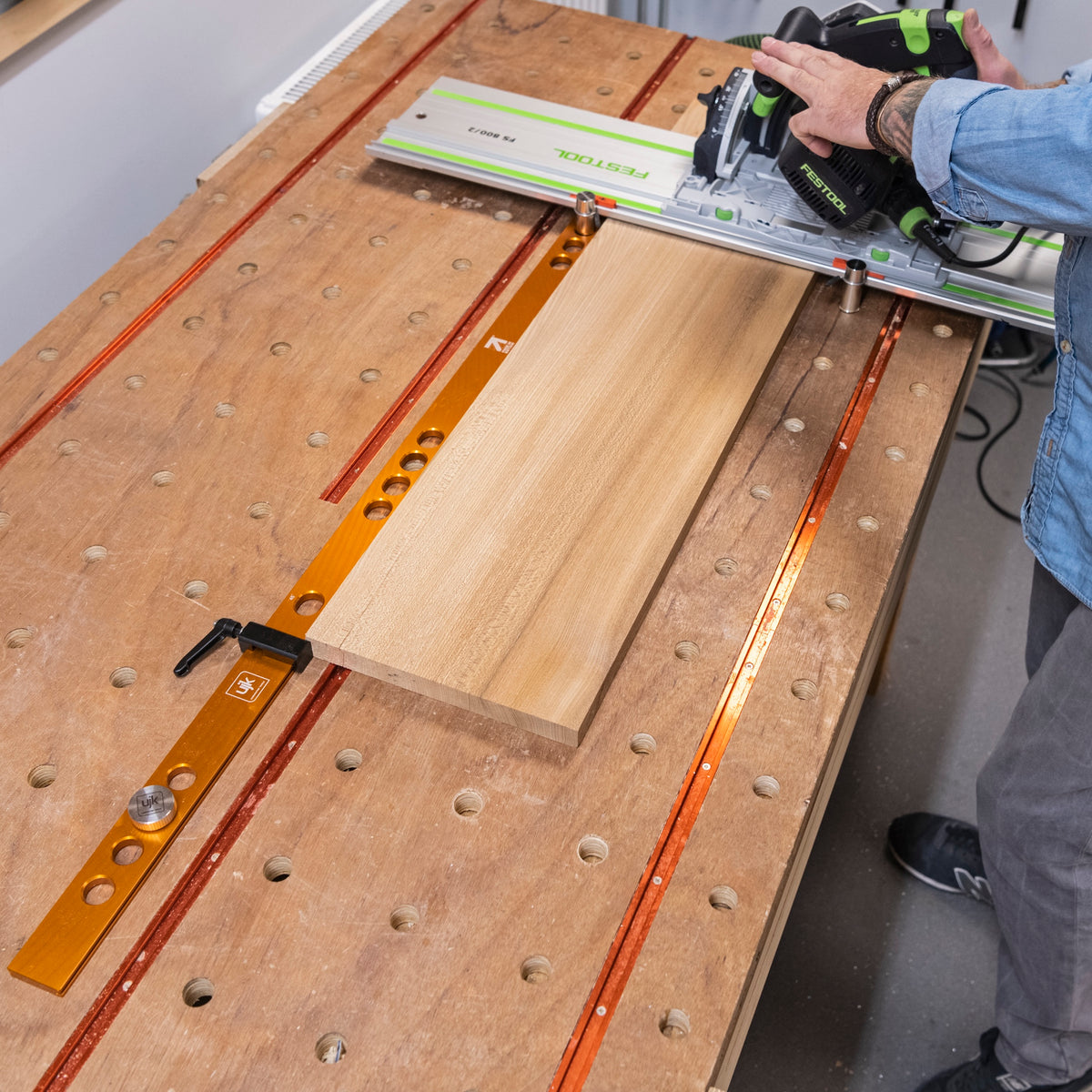UJK Parf System Fence & Stop Kit 1000mm Long in use with workpiece on workbench