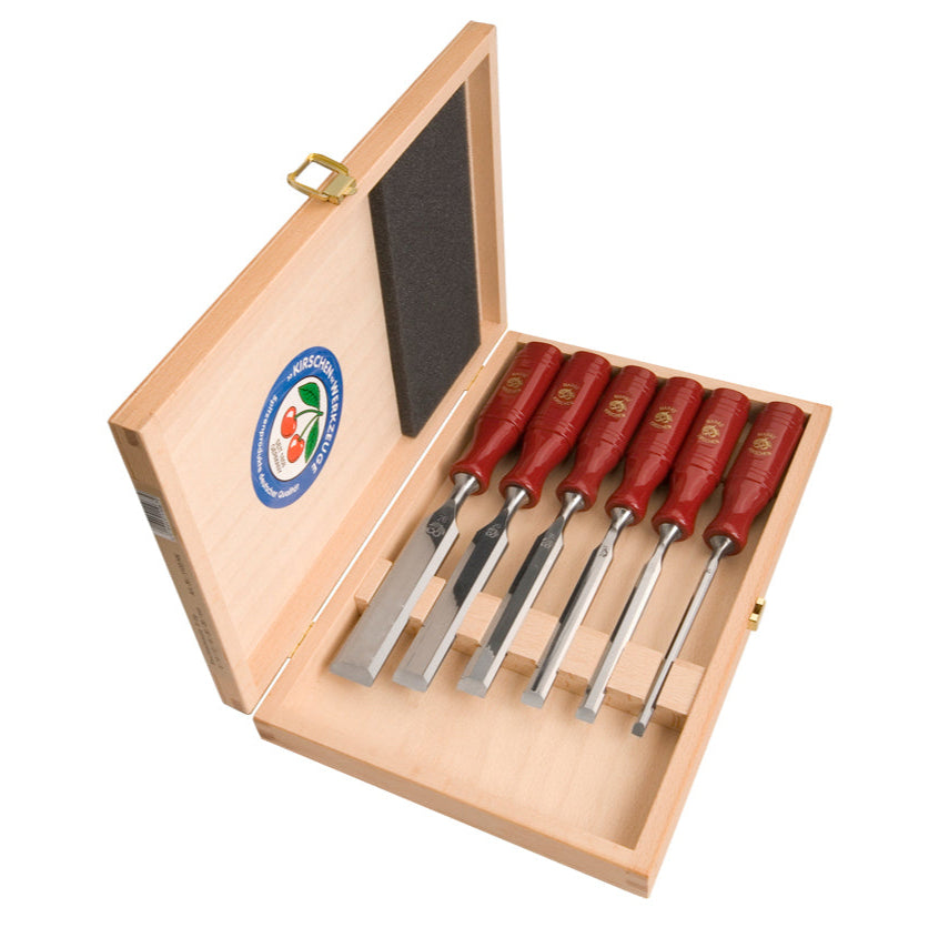 Kirschen Two Cherries Plastic Handle Firmer Chisels Bevel Edge Set of 6 in Wooden Case
