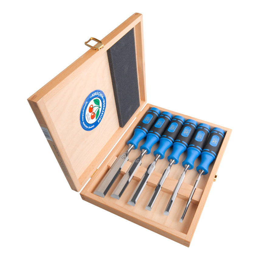 Kirschen Two Cherries Firmer Chisels Bevel Edge Set of 6 Two Component Plastic Handles in Wooden Case