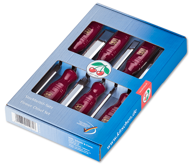 Set of red handled chisels in a blue packaging box with a visible brand logo.