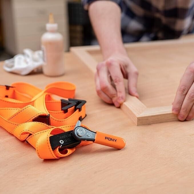 Pony Jorgensen Pack of 4 Canvas Band Clamps in use on woodworking project