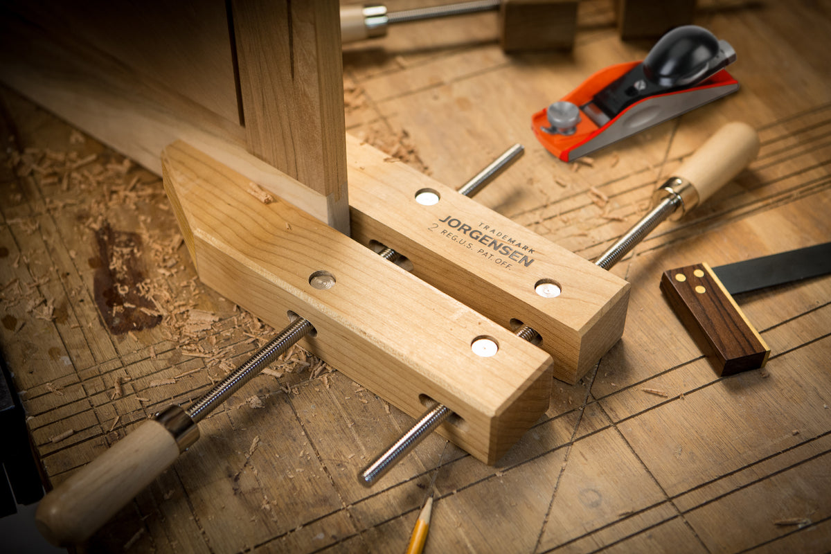Pony Jorgensen Set of 3 classic wooden hand screw clamps 10in in use on workbench