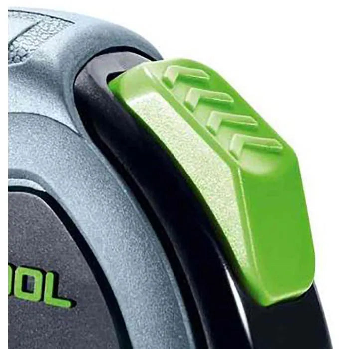 Festool 5m tape measure with sturdy belt clip and stop button for flexible operation. Rubberised plastic housing for easy grip