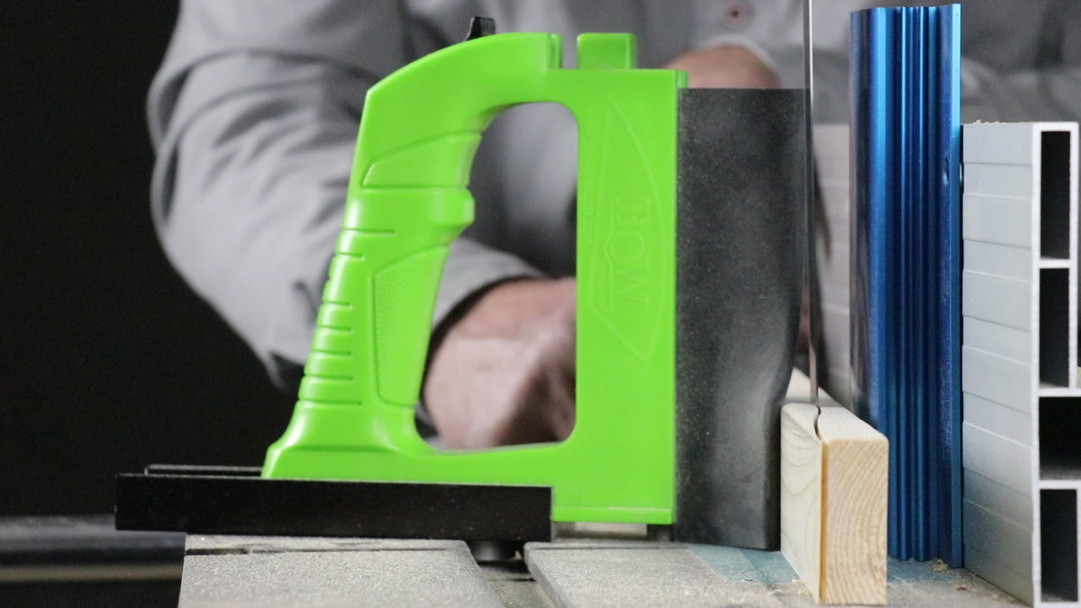 BOW Products GuidePRO Featherboard for Bandsaws - Innovative woodworking tool in action on a band saw