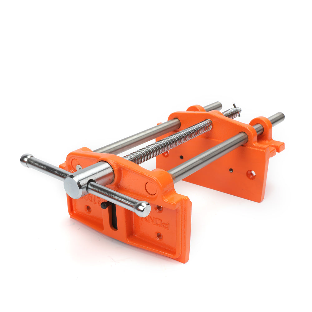 Pony Jorgensen woodworking vice attached to a workbench, showcasing its 175mm width and 200mm capacity
