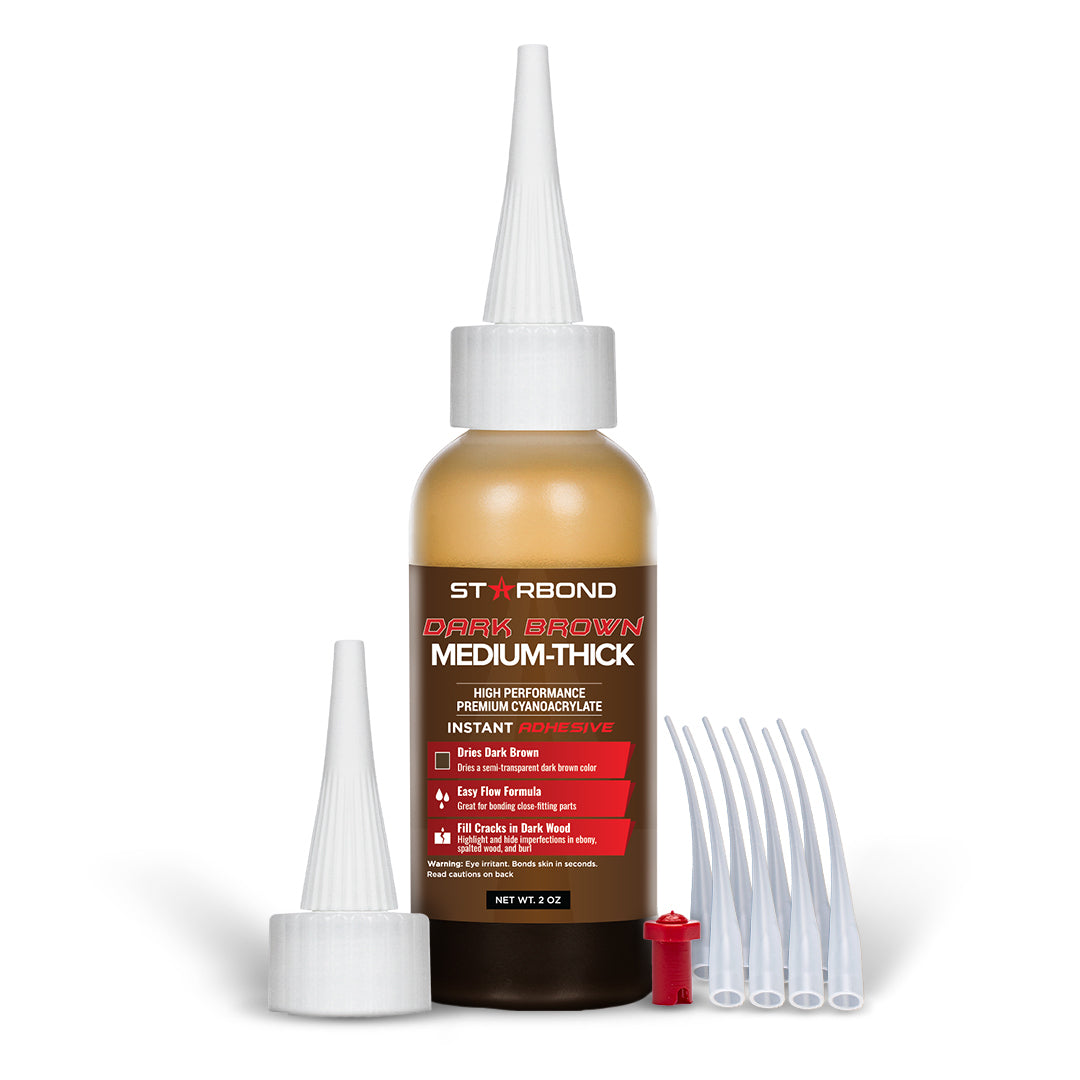 Starbond Dark Brown Medium-Thick CA Super Glue 2oz for concealing wood imperfections with coffee-toned finish
