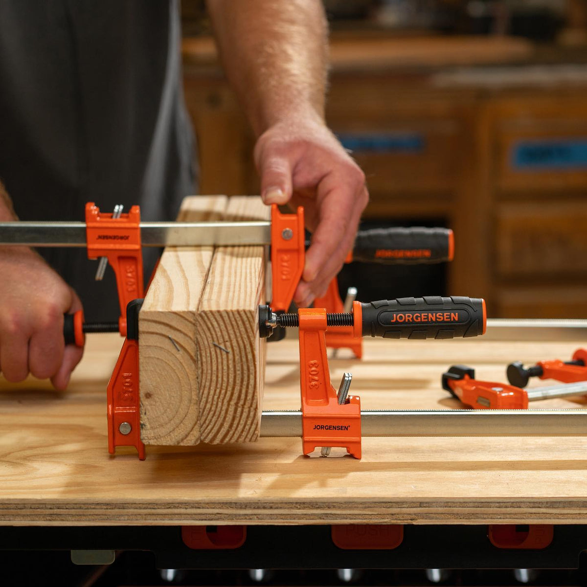 Pony Jorgensen Set of 4 Light Duty Quick Action Clutched F Clamps in use on a woodworking project