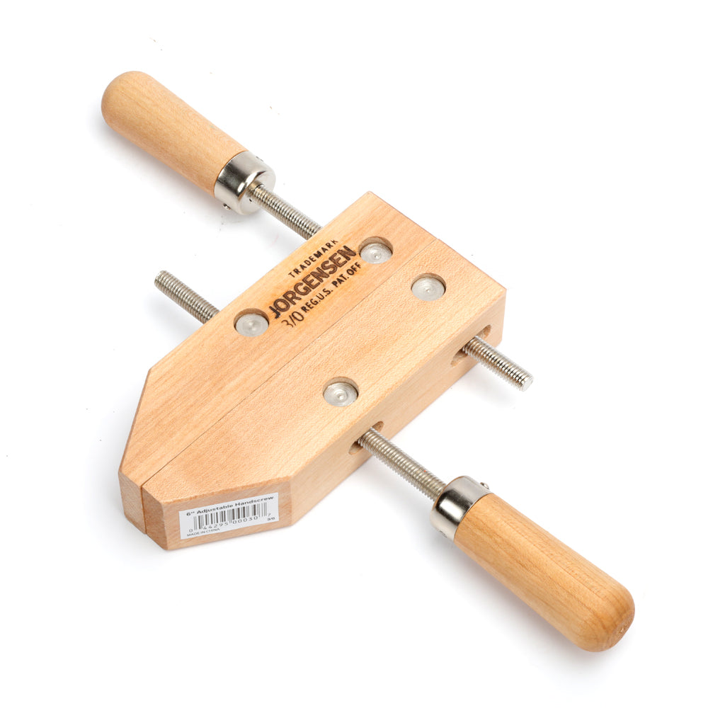 Pony Jorgensen 6in Hand Screw Clamps angled view showing adjustable jaws and wooden construction