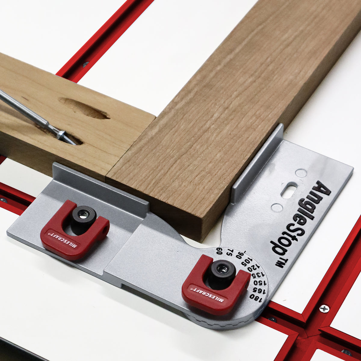 Milescraft T-Track AngleStop with adjustable angles for woodworking support