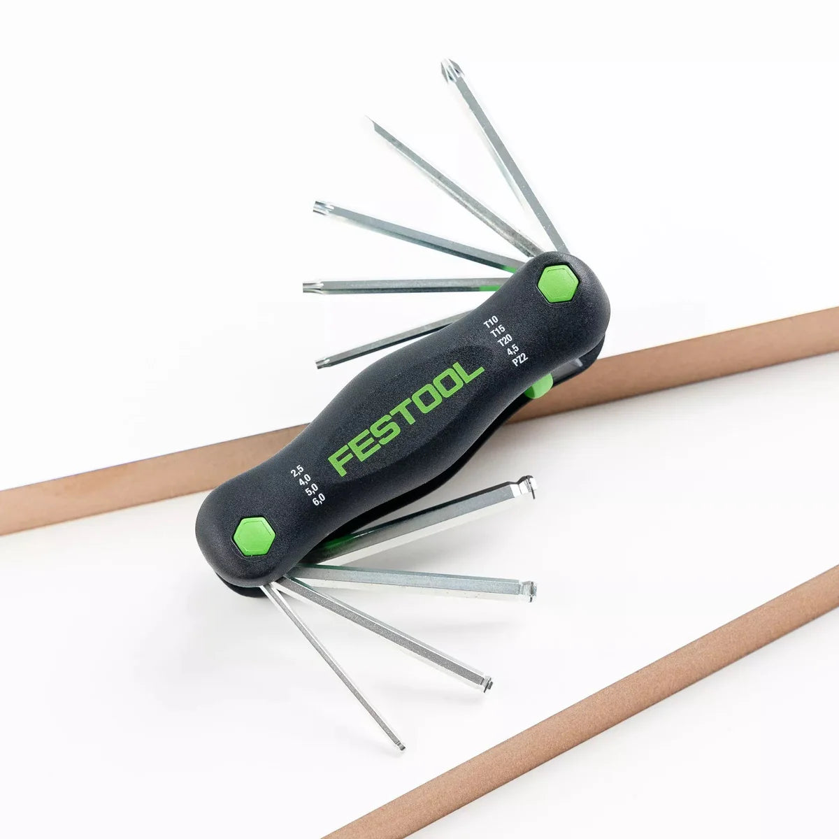 Festool Multi Toolie with 9 hexagon socket wrenches, Torx, PZ2, and slot 4.5 bits in ergonomic housing with selection button
