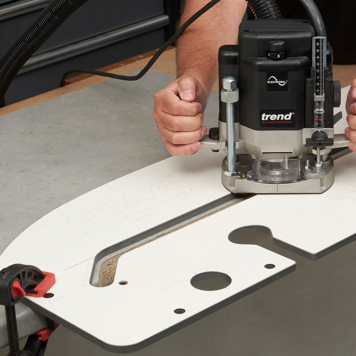 Trend 900mm Kitchen Worktop Router Jig in action, ensuring precise and efficient fitting of worktops