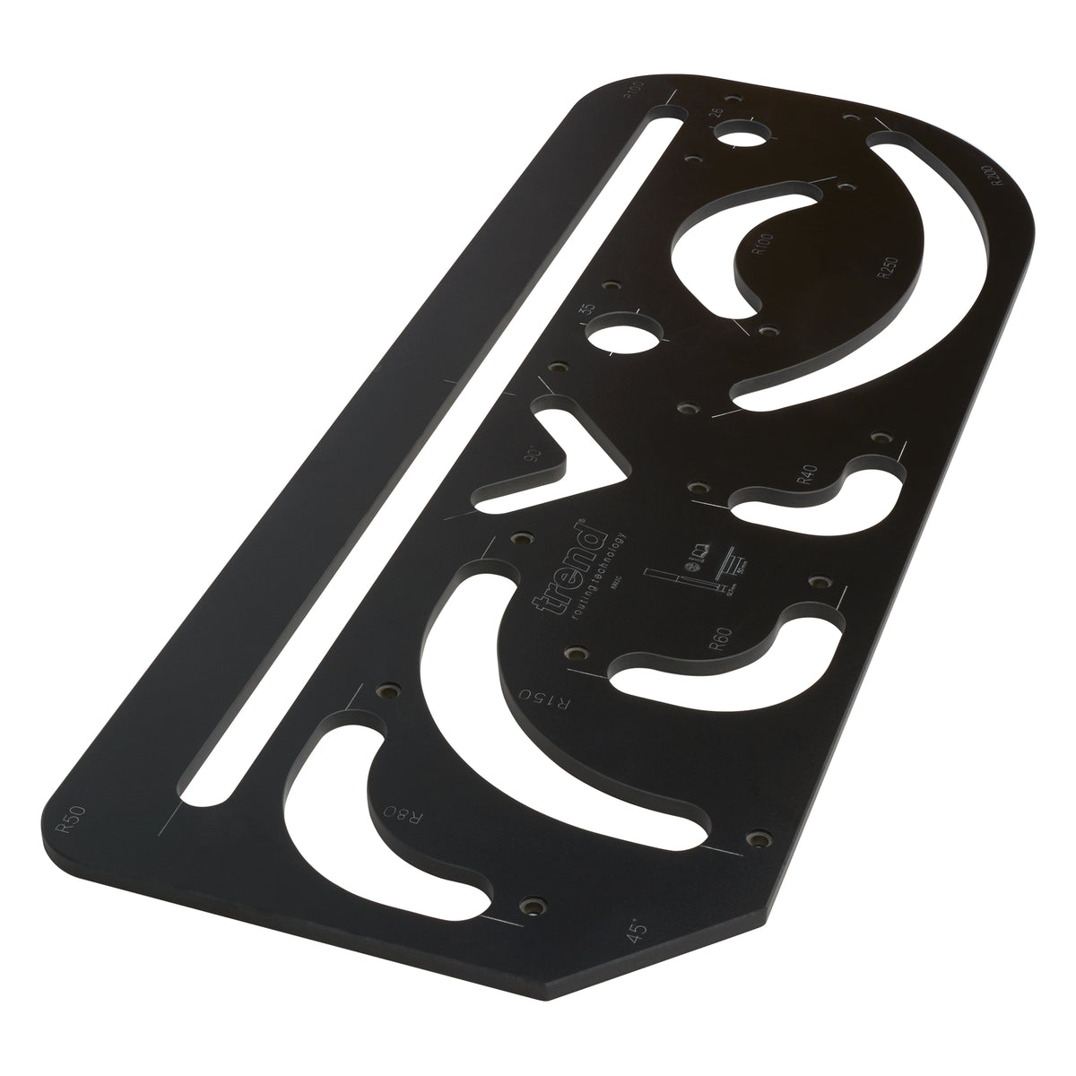 Trend Aperture Worktop Radius Jig for routing apertures and radii in worktops, featuring pins and engraved sight lines for precision