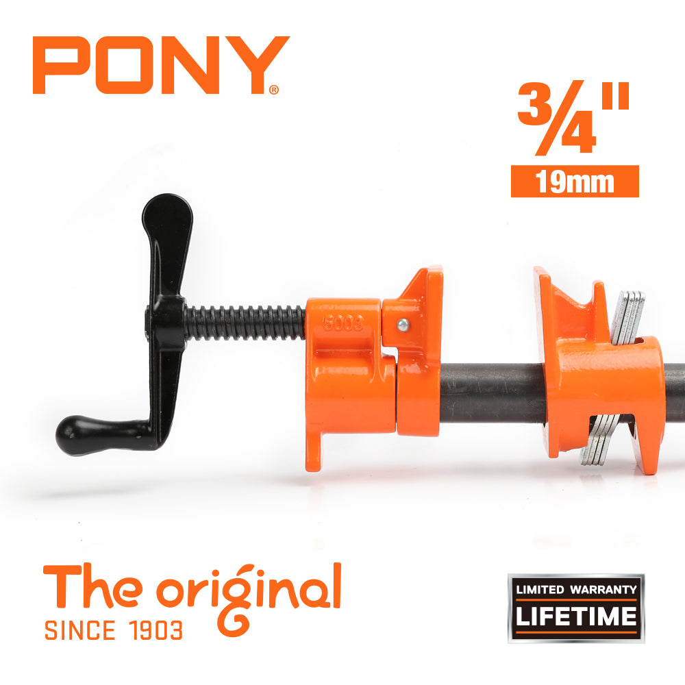 Pony Jorgensen Classic Clutched Pipe Clamp Fixture with 2100mm 3/4in Threaded Pipe in use on woodworking project