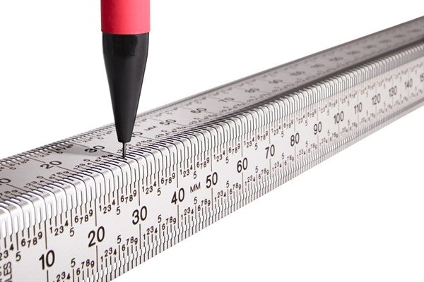 Incra Precision 90 Degree Bend Rules Metric, showcasing the corner slots for dual-surface layouts and micro-fine marking holes