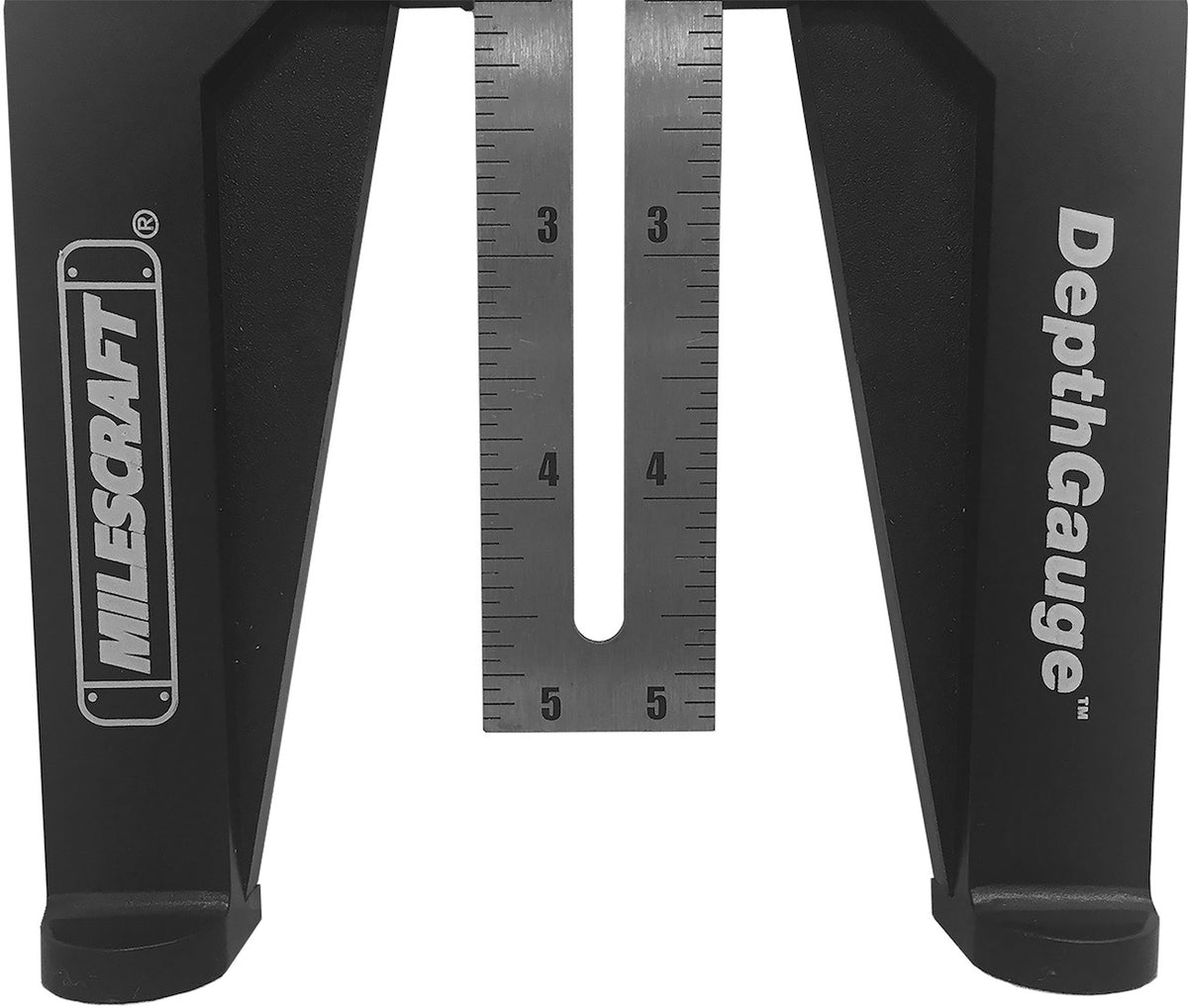 Milescraft DepthGauge showing durable metal scale with thumb lever and wide base for easy machine setting