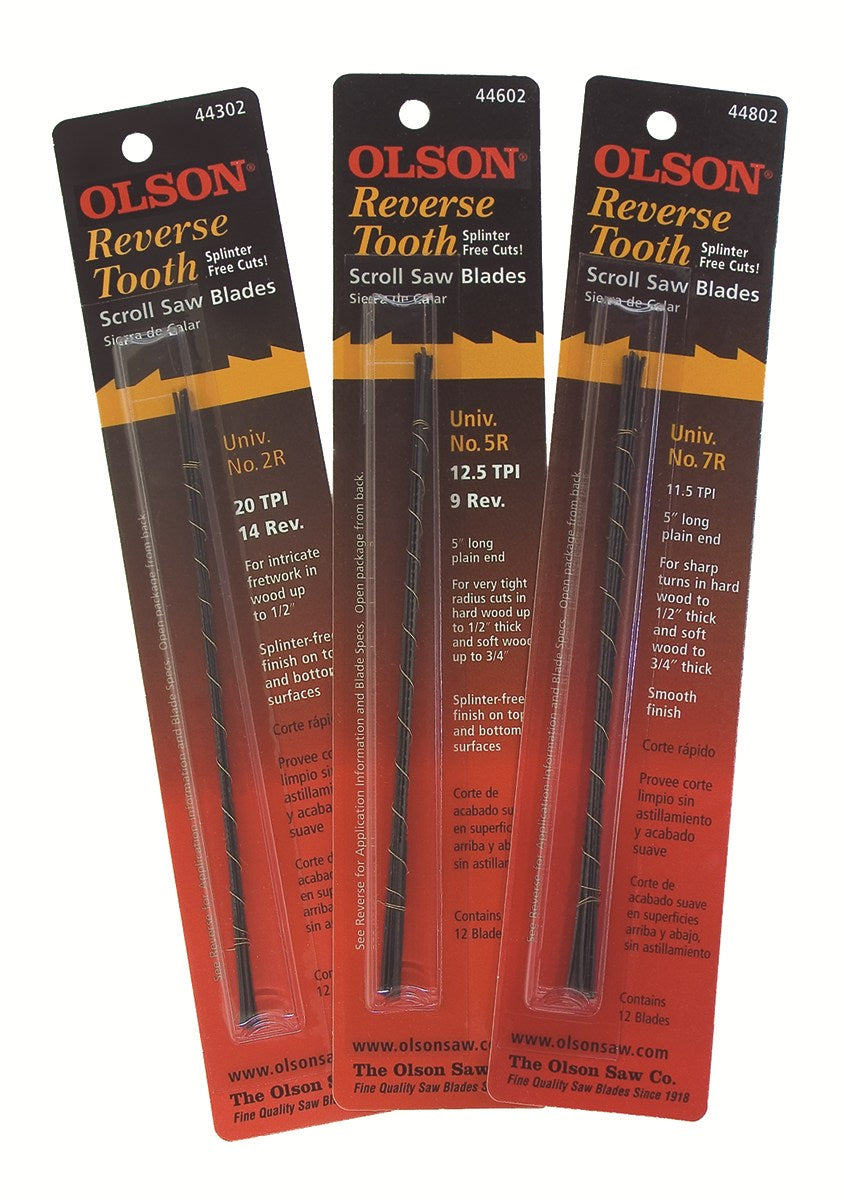 Olson Reverse Skip Pinless Scroll Saw Blades in action, ideal for low-heat woodworking with minimal tear-out