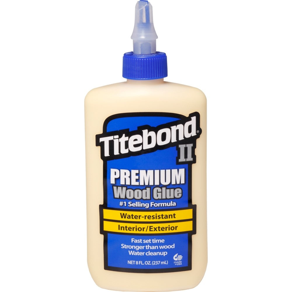Titebond II Premium Water Resistant Glue in yellow bottle with product label