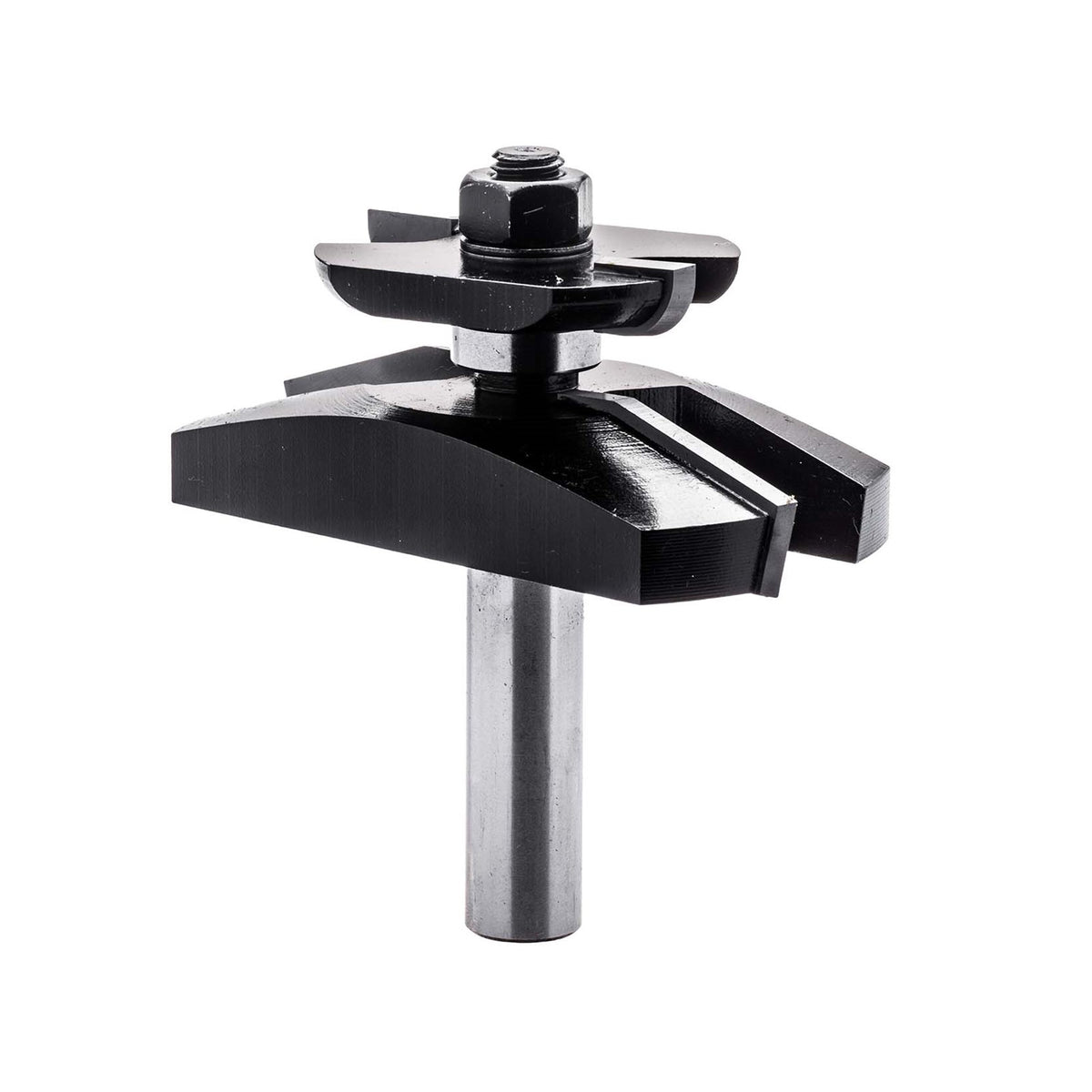 Torquata Back-Cutter Chamfer Router Bit creating cathedral-shaped panel with arched detail