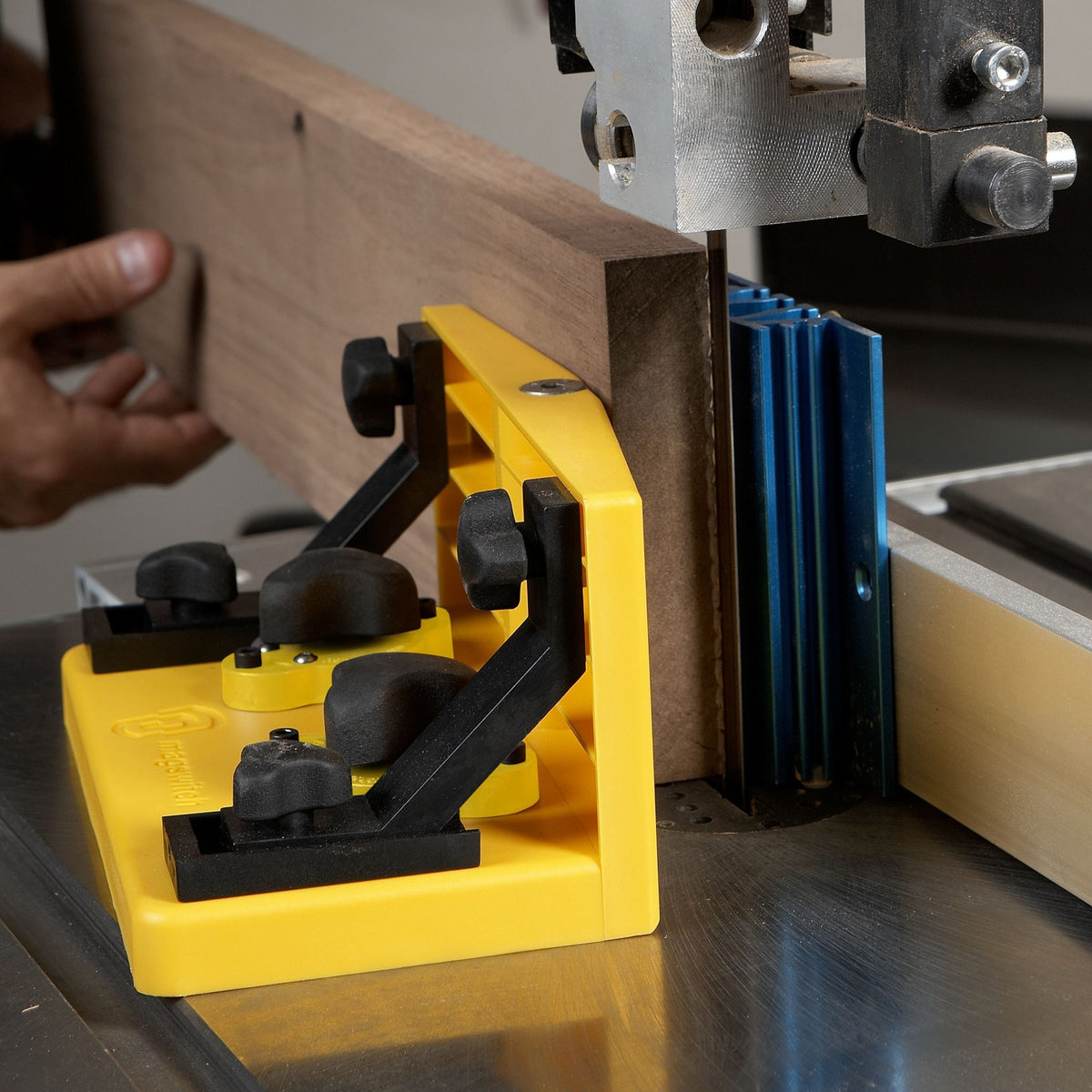 Magswitch Magnetic Resaw Roller Fence Guide in action, providing ultra-fine veneers and precise resawing capabilities