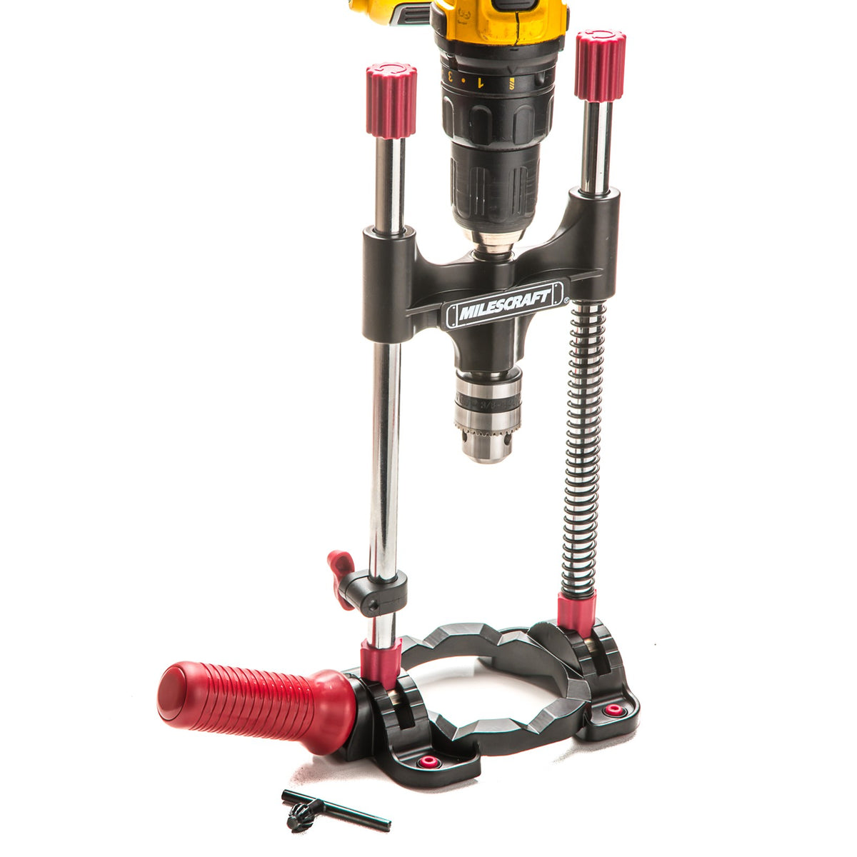 Milescraft Drill Mate Portable Drill Guide in use with hand drill on a wooden surface