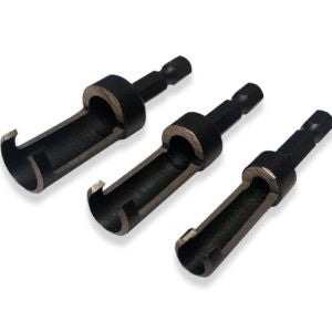 Milescraft 3-Piece PlugCutter Set showing 1/4in, 3/8in & 1/2in plugs in tapered design