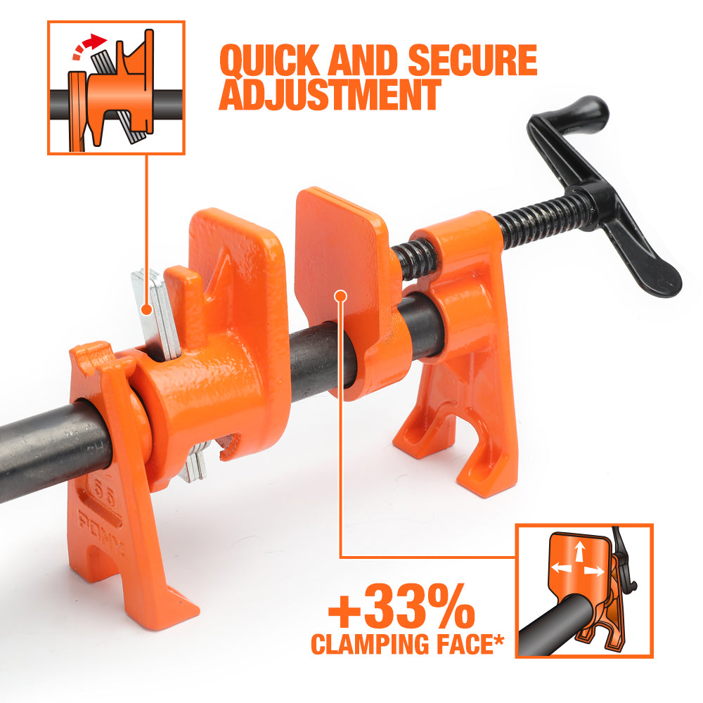Pony Jorgensen Extended Foot Pipe Clamp with 2100mm 3/4in Pipe showing sturdy construction and adjustable foot detail