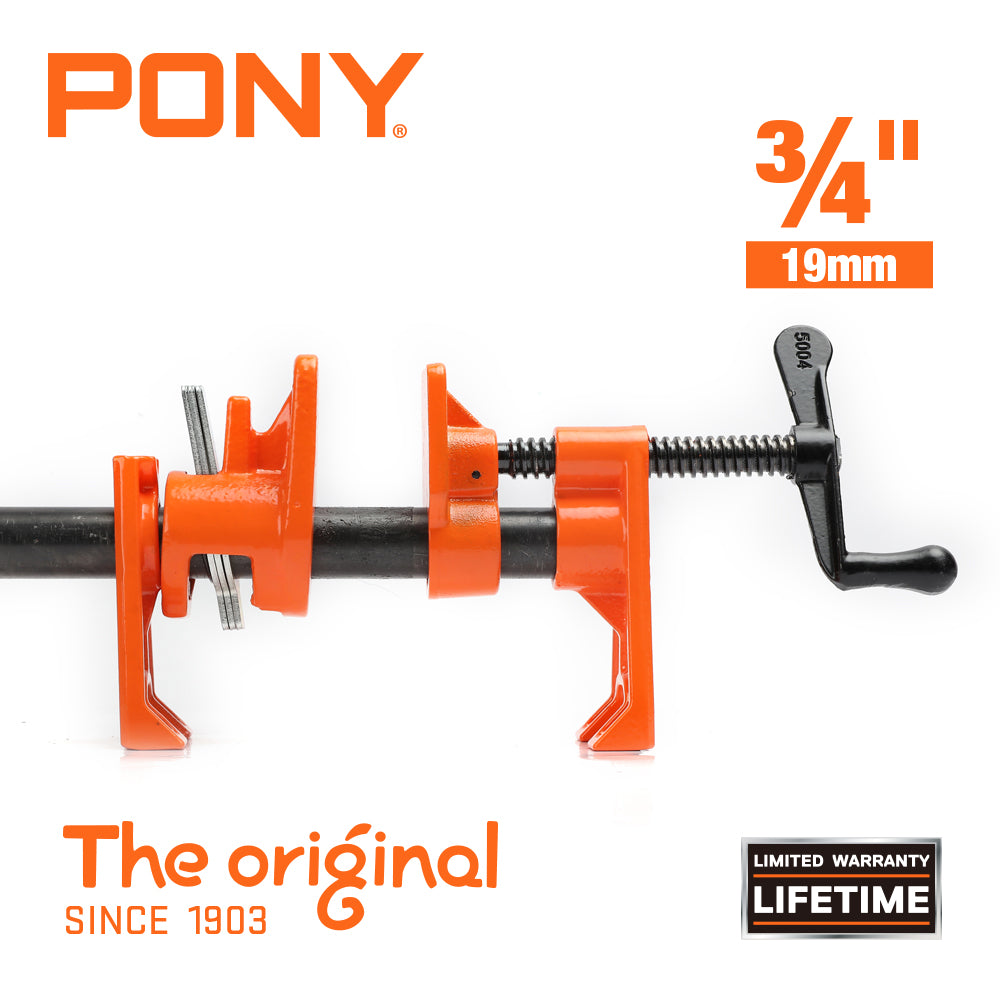 Extended Foot Pipe Clamp in use on 3/4in Pipe for woodworking projects, metalworking, and frame assembly