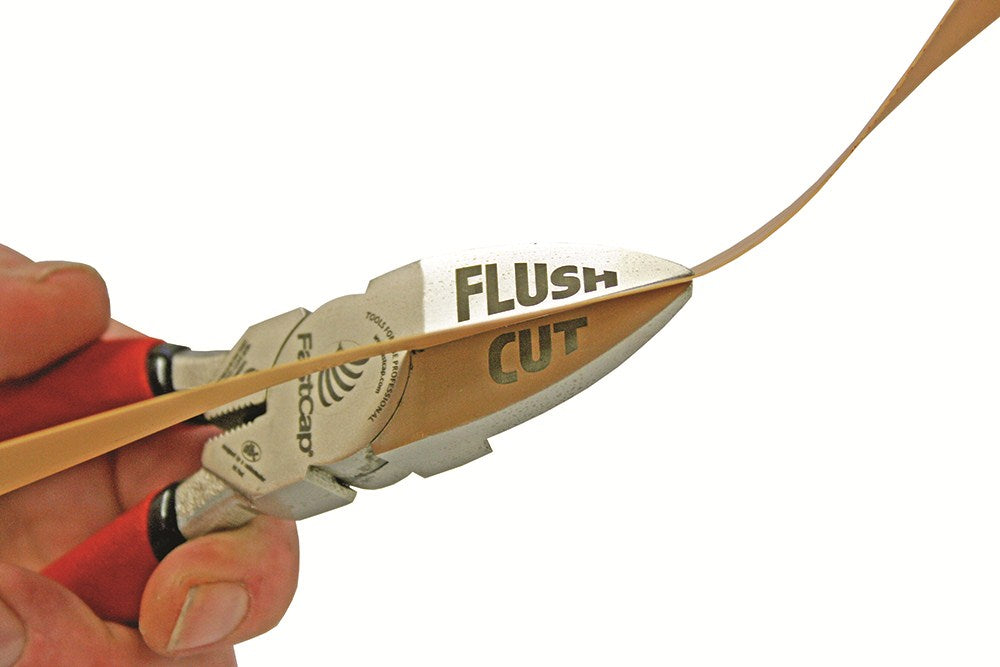 FastCap Flush Cut Trimmers Macro 38mm showcasing precise trimming of wood and PVC edge banding