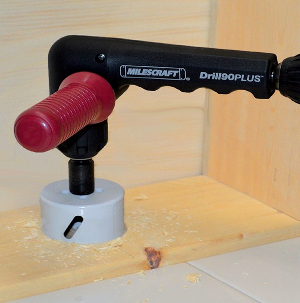 Milescraft Drill 90 Plus Right-Angle Attachment with Keyless Chuck in use on woodworking project