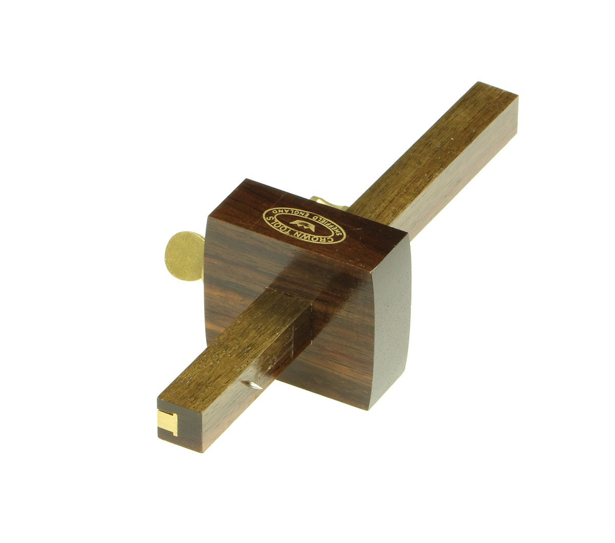 Crown Mini Mortice Gauge 110mm in rosewood and brass, angled view, close-up detail