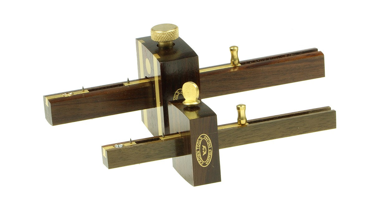Crown Mini Mortice Gauge 110mm Rosewood & Brass, detailed view of marking pins and adjustable depth stop