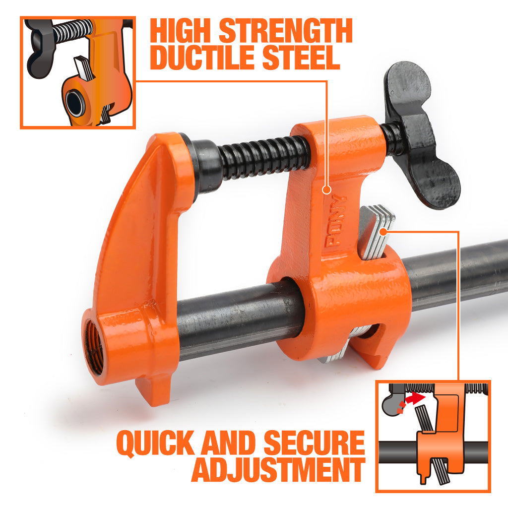 Pony Jorgensen Deep Reach Pipe Clamp with 2100mm 3/4in Pipe in use on woodworking project