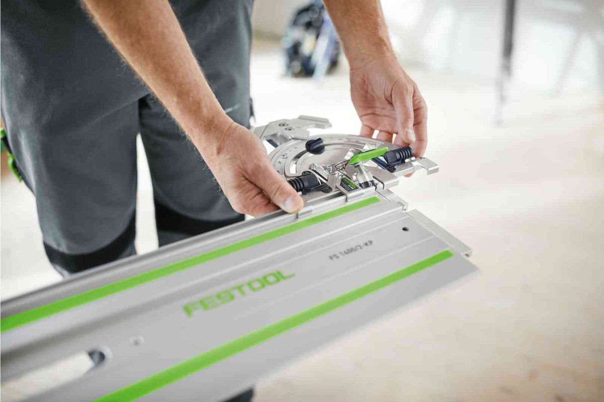 Festool FS Guide Rail Adjustable Angle Stop in action, providing precision cuts at various angles