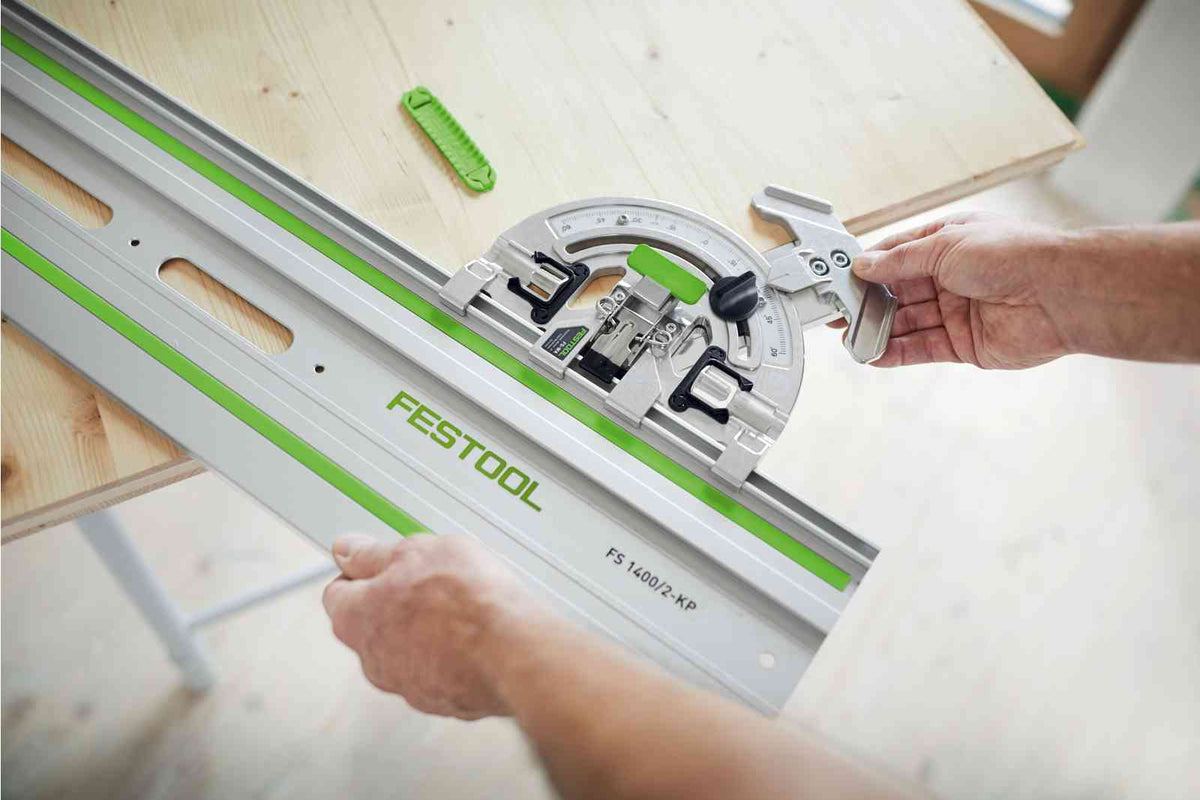 Festool FS Guide Rail Adjustable Angle Stop, enabling precise angled cuts from -60° to +60° with repeat accuracy and flexibility