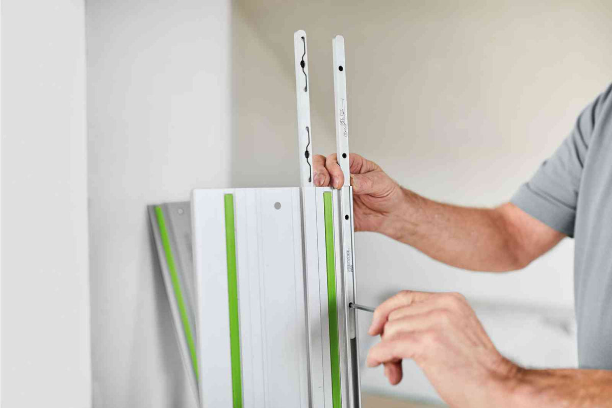 Festool FS Guide Rail Accessories Set in Systainer with Fastening Clamps, Angle Stop, Deflector, Kickback Stop, Connecting Pieces, Splinter Guard