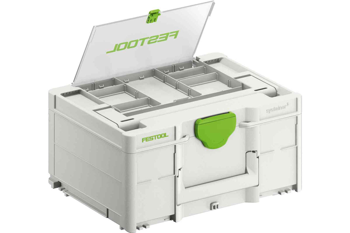 Festool Systainer3 SYS 2 Medium with tools underneath and accessories on top. Organised woodworking storage solution
