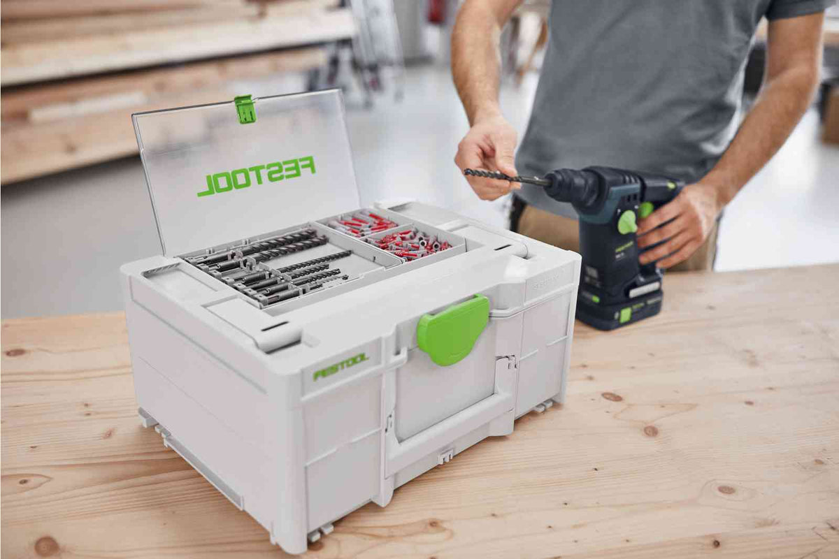 Festool Systainer3 SYS 2 Medium with Storage Lid showing tools underneath and accessories on top