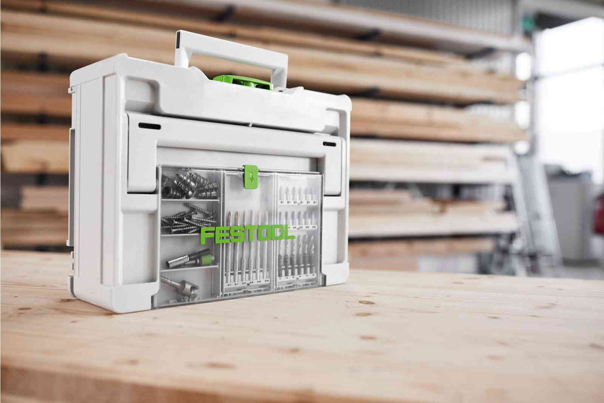 Festool Systainer3 SYS 3 Medium with tools underneath and accessories on top, showcasing organised storage solution