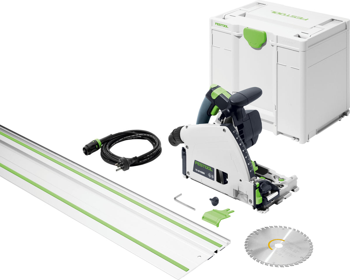 Festool TS 60K 168mm Plunge Cut Saw in Systainer with 1400mm Rail on white background