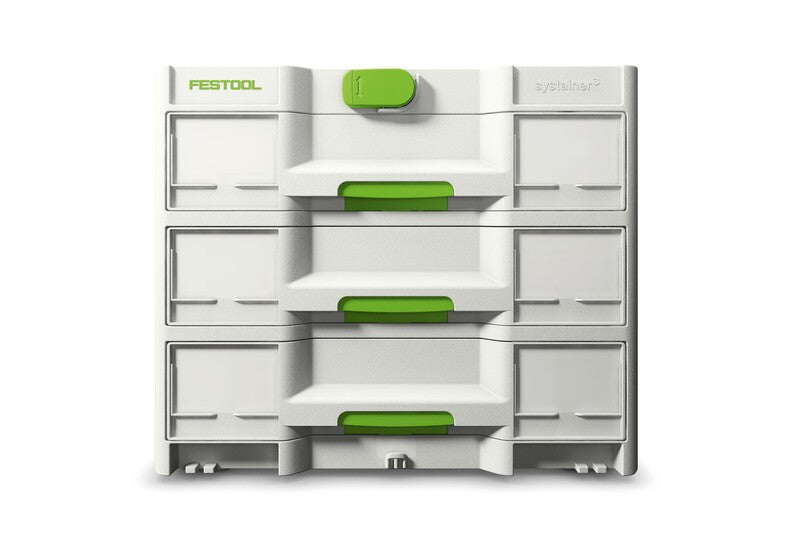 Festool Systainer3 SORTAINER 3 Drawer Storage Box - Open drawers showing adjustable partitions for accessory organization
