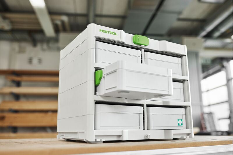 Festool Systainer SYS3 S76 TRA Storage Box shown from top angle, displaying compact size and handle for easy transportation