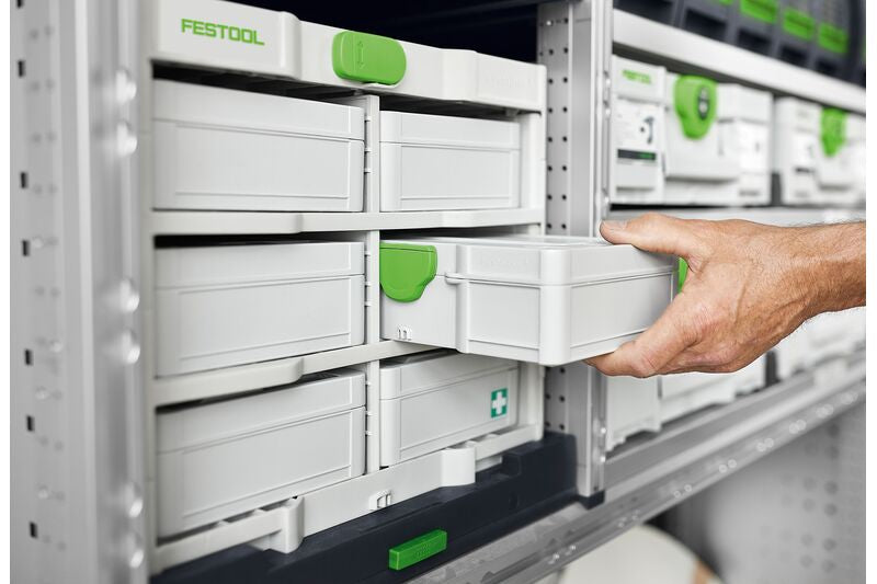 Compact Festool Systainer SYS3 S76 TRA storage box, ideal for small parts organization. Easy to carry with lightweight design