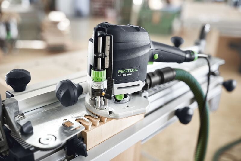 Festool OF 1010R Plunge Router with LED light ring in Systainer, angled view