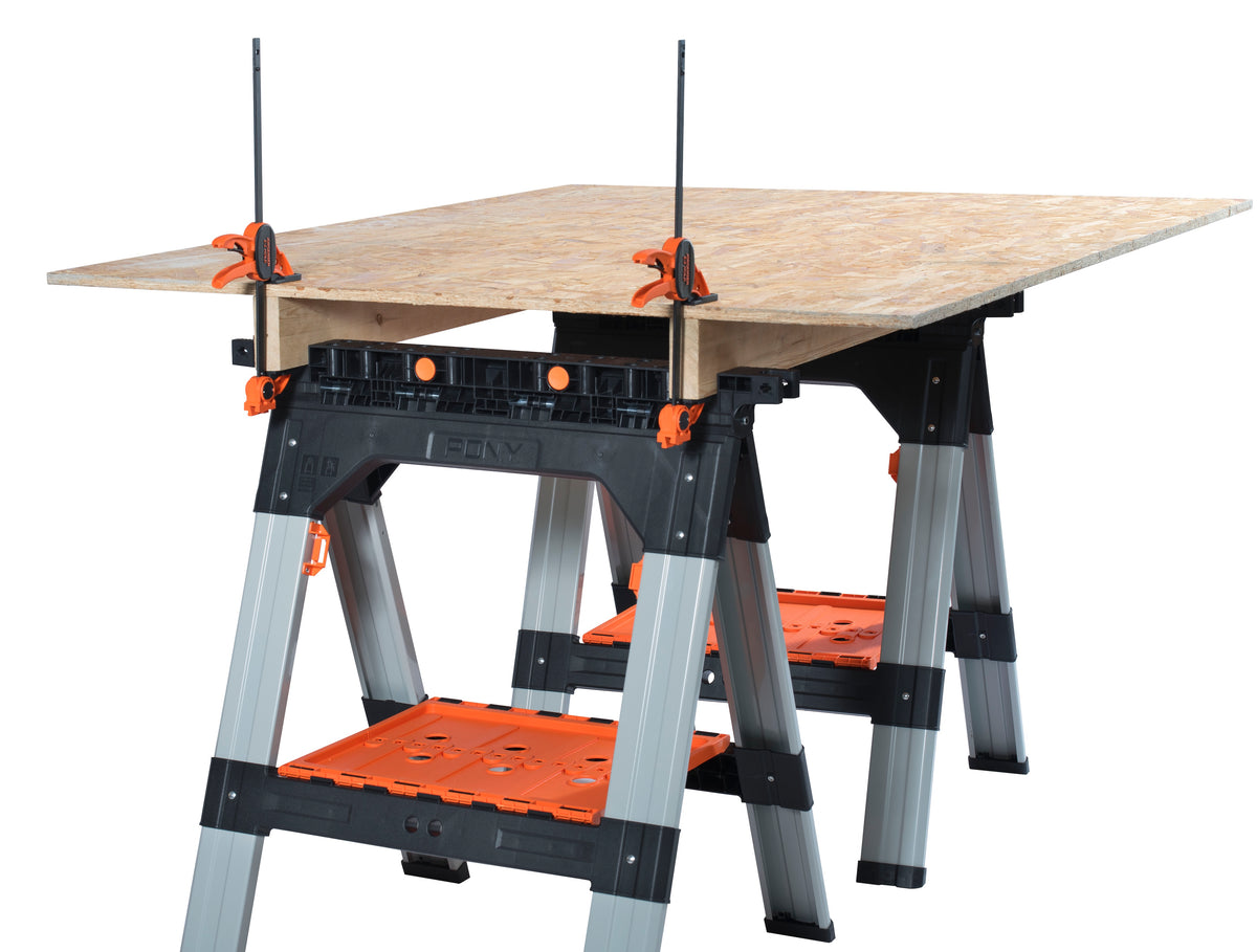 Pony Jorgensen 2-Piece Clamping Sawhorse with Clamps & Bench Dogs in use