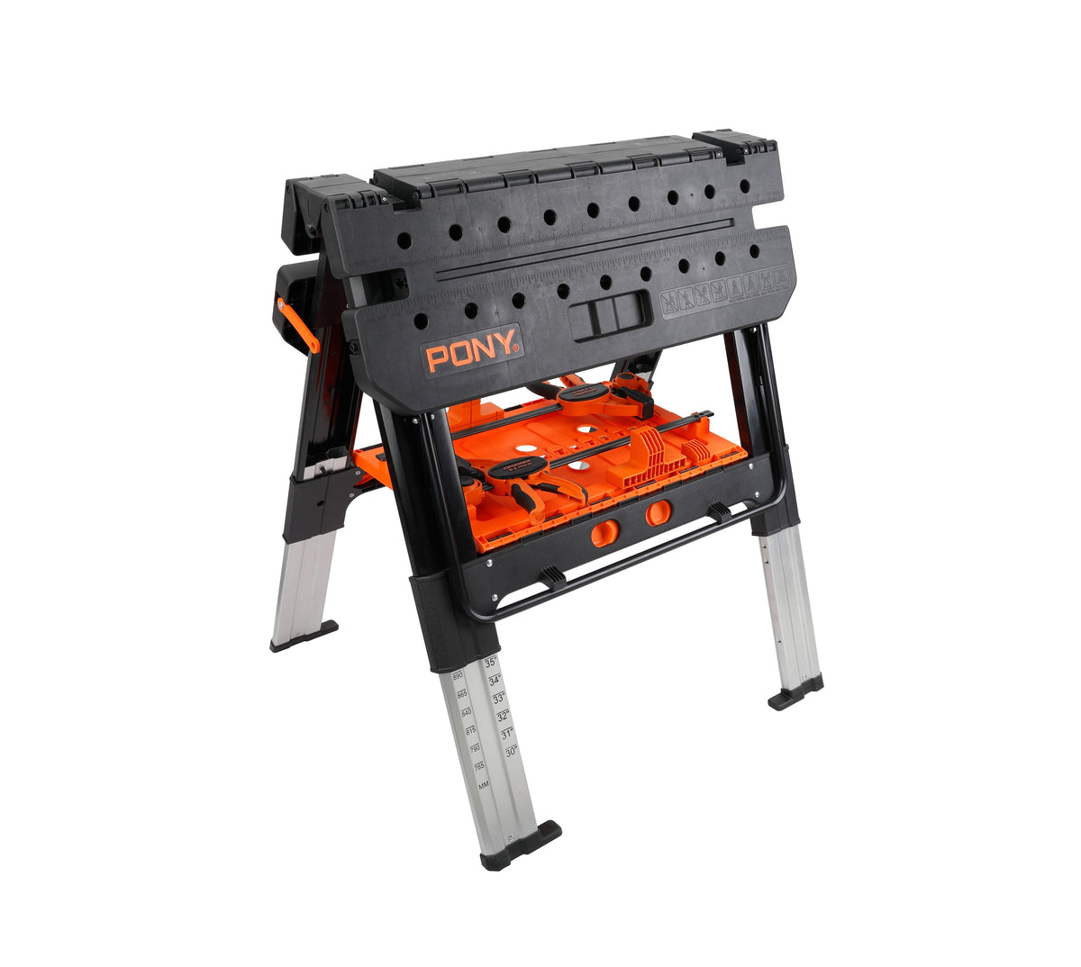Pony Jorgensen 2-IN-1 Clamping Worktable & Sawhorse with accessories folded for storage