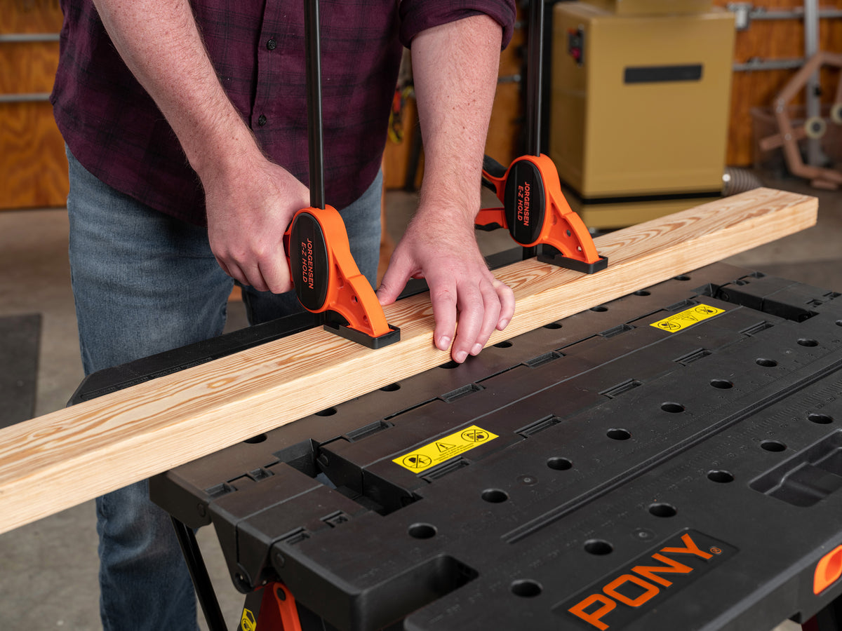 Pony Jorgensen 2-IN-1 Clamping Worktable & Sawhorse with Accessories in use at woodworking site