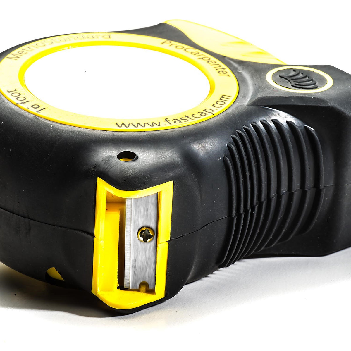 FastCap Auto-Lock Tape Measure with in-built pencil sharpener showing metric/imperial graduations
