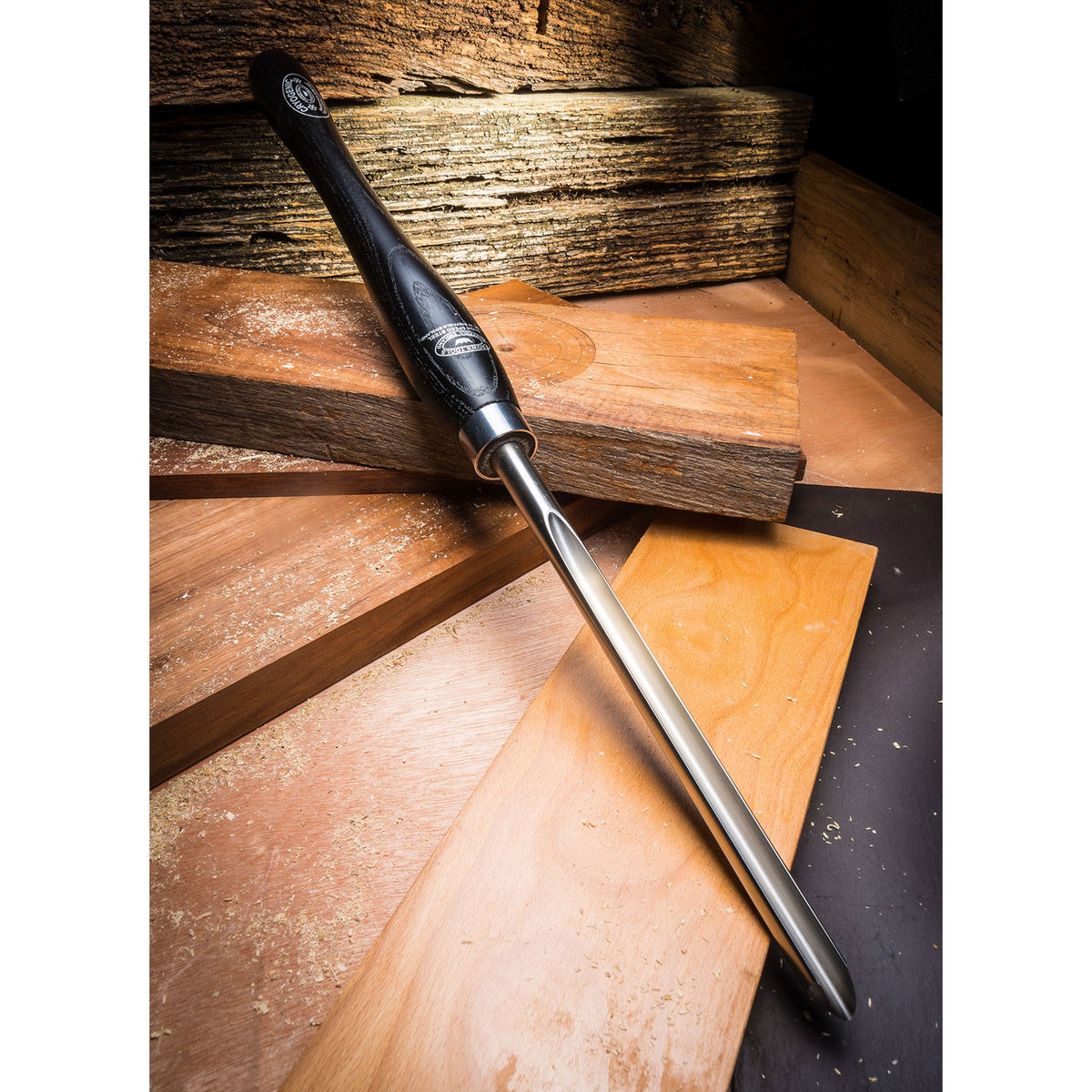 Crown 10mm M2 Cryogenic Steel Side Grind Bowl Gouge for Woodturning - Angled view showing specialized side grind for versatile bowl turning