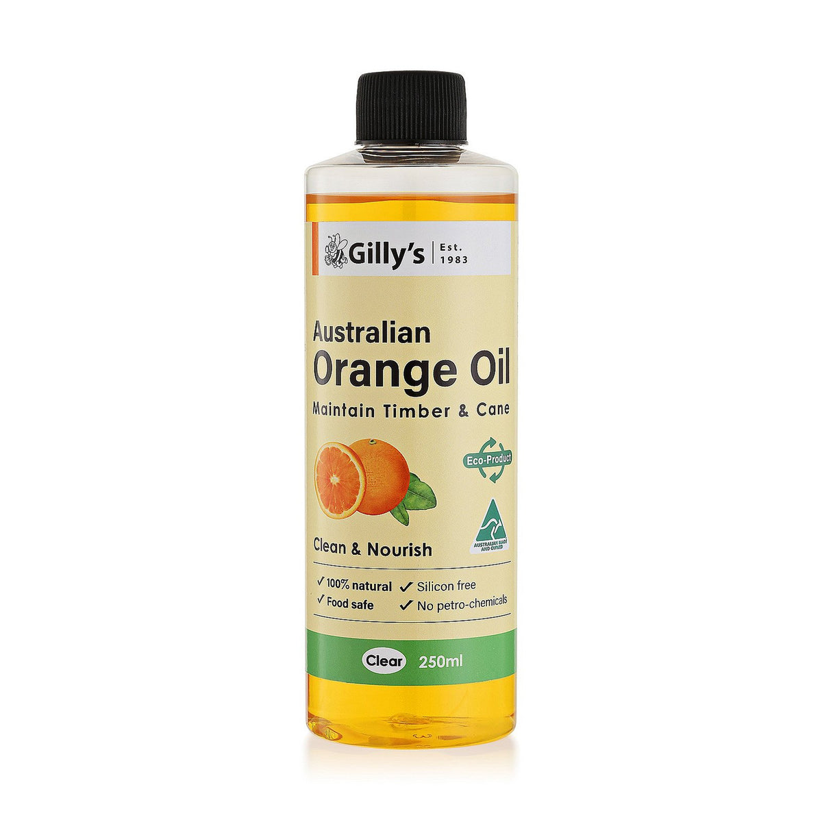 Gilly Stephenson's Orange Oil Timber Cleaning & Restoring Oil, Food Safe, 250mL, high purity, ideal for rejuvenating finished surfaces
